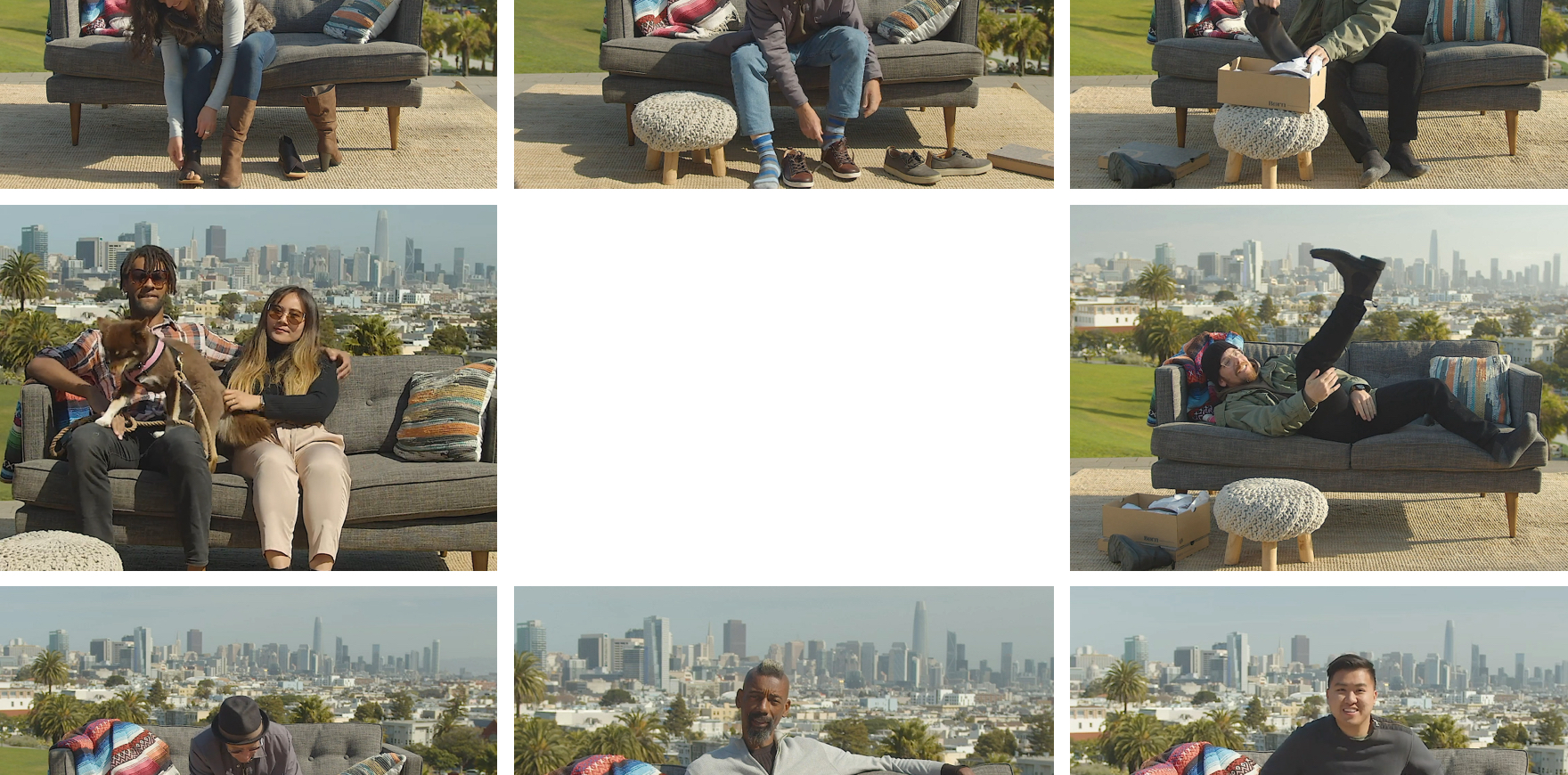 Montage of people sitting on a couch talking with a city skyline behind them.